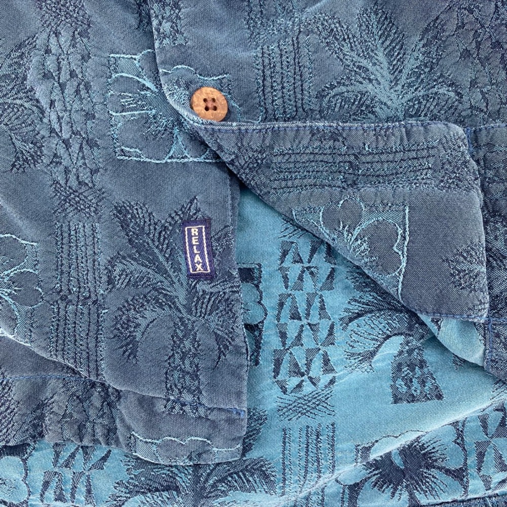 Tommy Bahama Relax Mens XXL Silk Camp Shirt Teal Blue Jacquard Palm Hibiscus - Picture 3 of 8